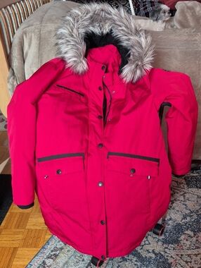 Canadiana Red Adult Parka Coat with Faux Fur Hood